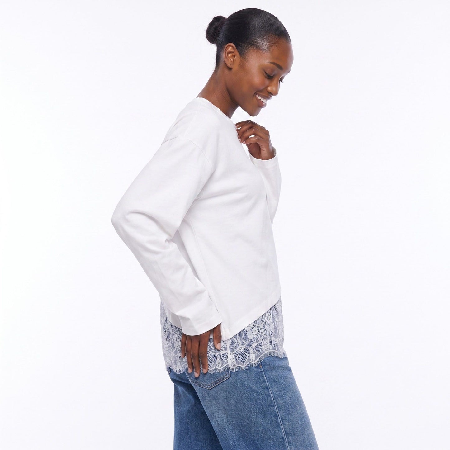 Asymmetrical Lace Hem Long Sleeve Top