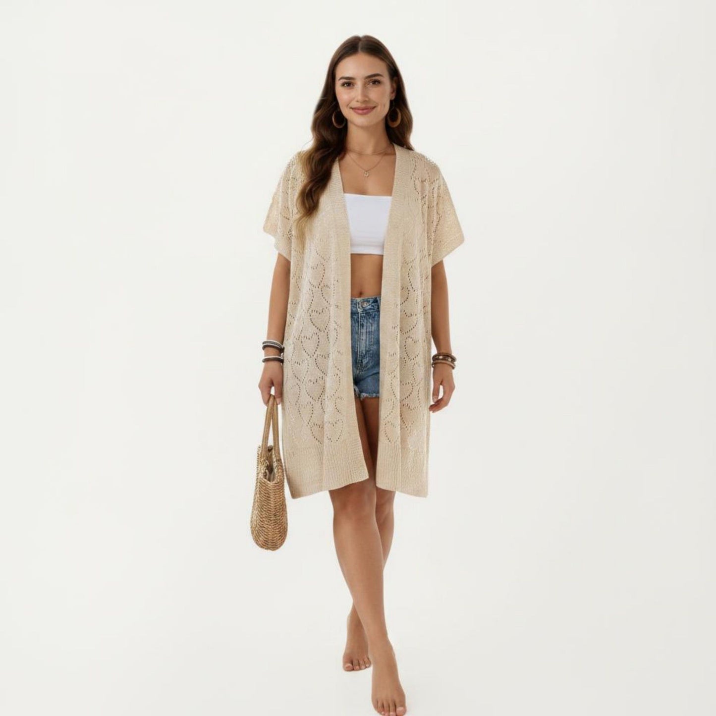 Open Front Knit Cardigan with Heart Pointelle Pattern Short Sleeves Relaxed Mid Length Fit