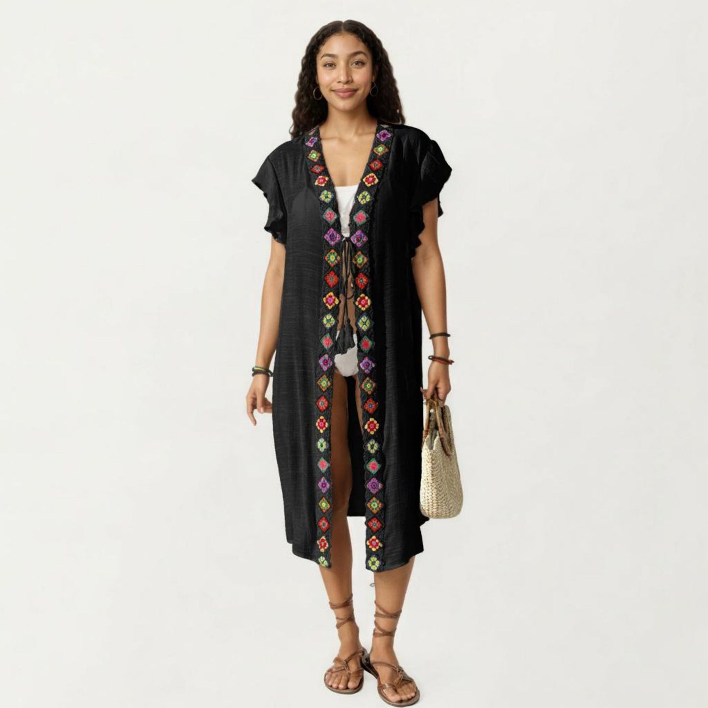 Embroidered Open Front Swim Cover Up Kimono Midi Beach Cardigan with Tassel Tie Detail