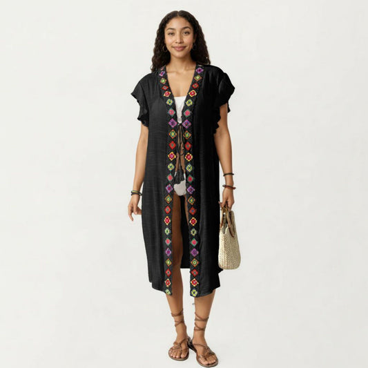 Embroidered Open Front Swim Cover Up Kimono Midi Beach Cardigan with Tassel Tie Detail