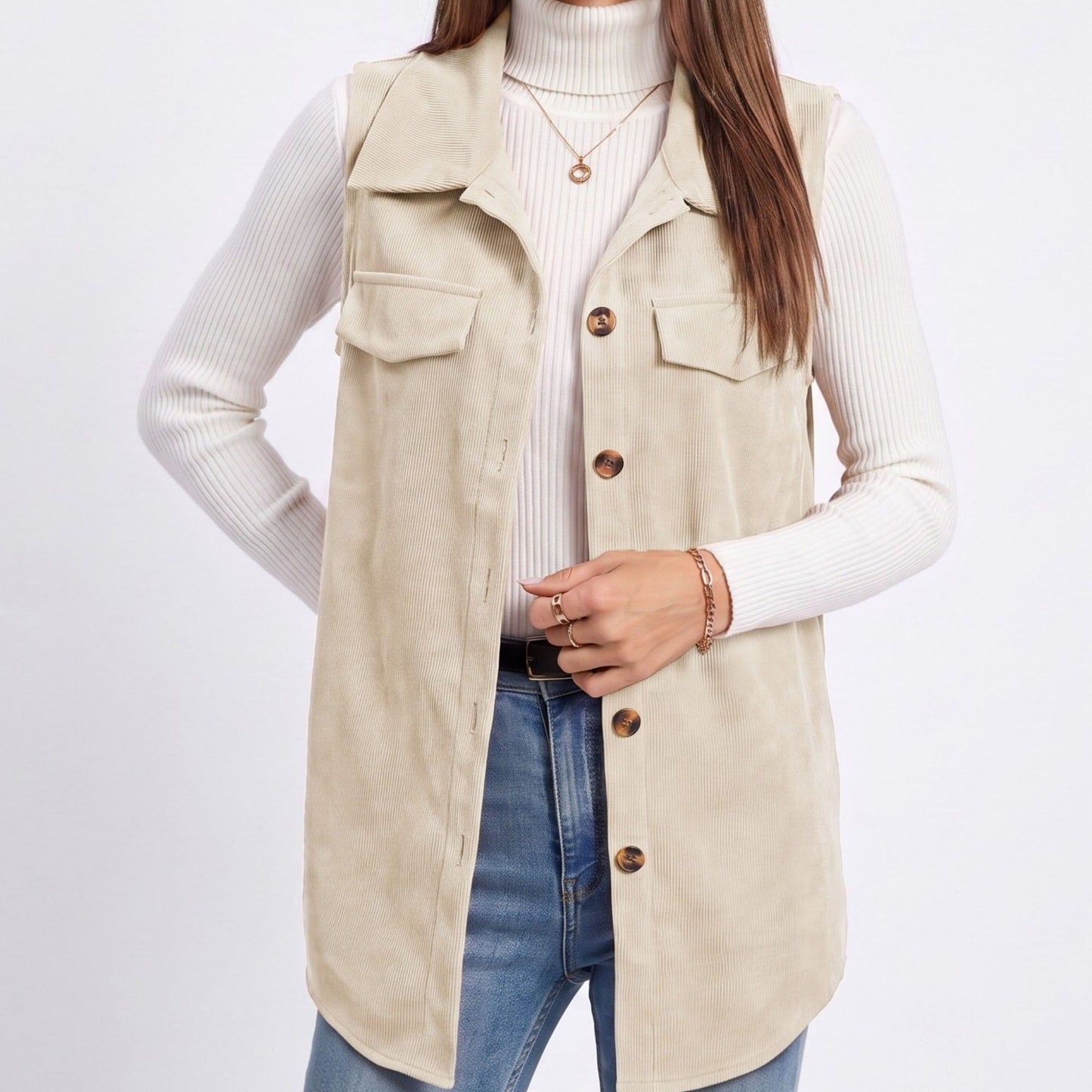 Button Front Corduroy Vest with Flap Pockets