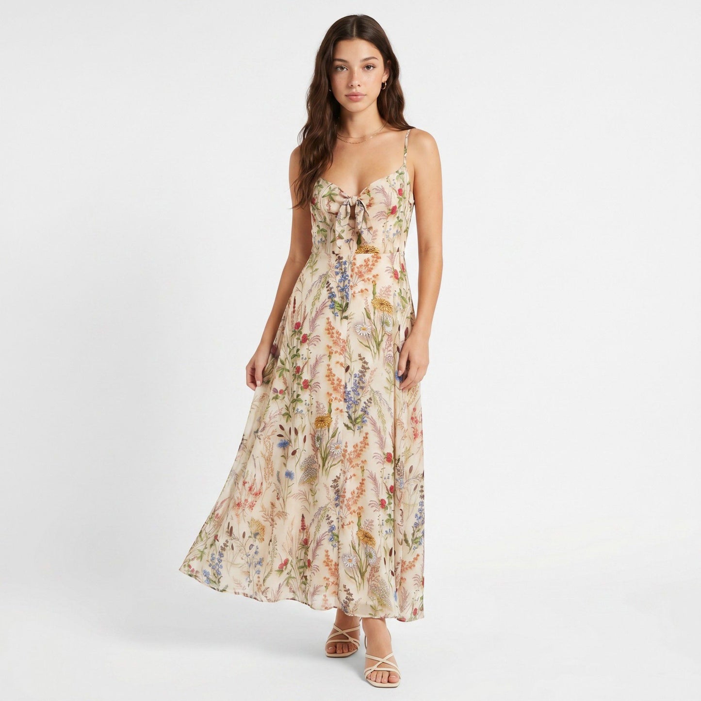 Floral Print Tie Front Maxi Dress with Spaghetti Straps and Flowy Skirt