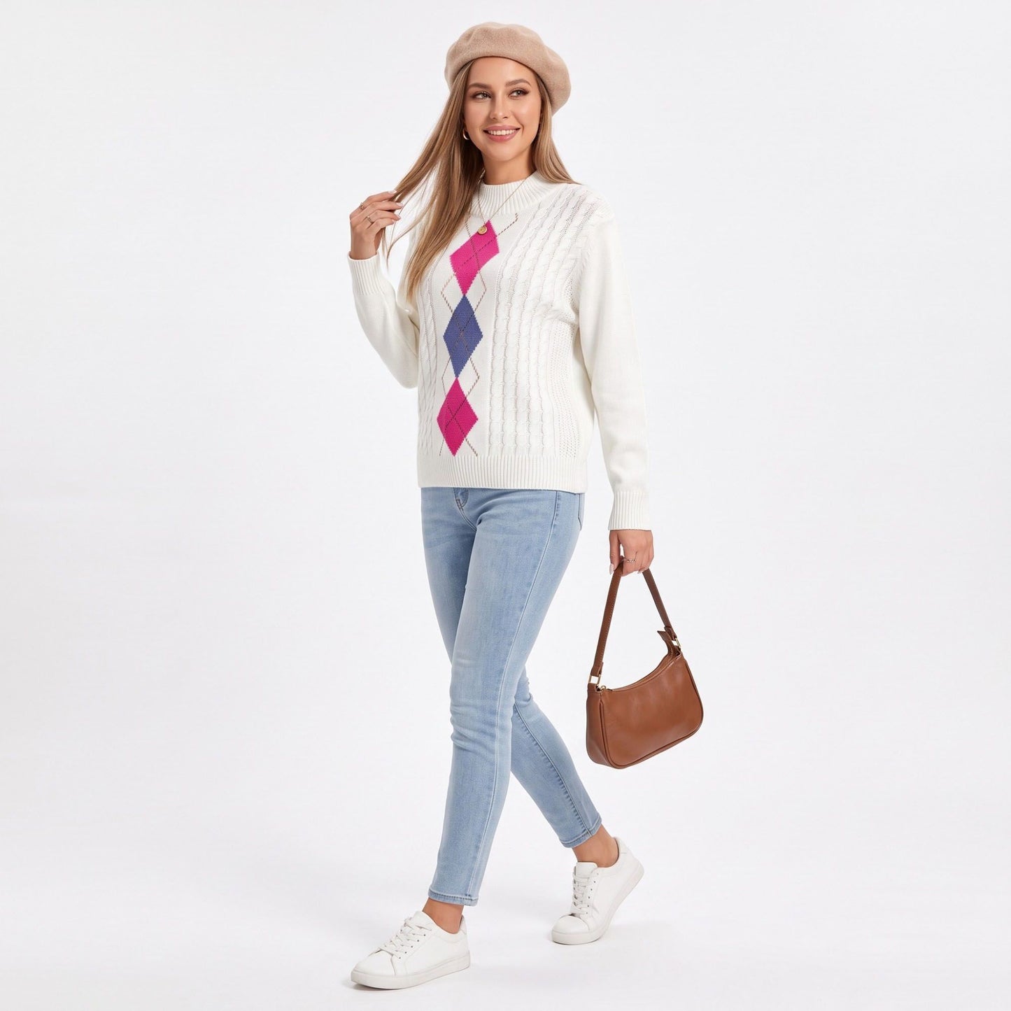 Argyle Cable Knit Mock Neck Sweater