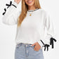 Pointelle Knit Bow Sleeve Crew Neck Long Sleeve Sweater