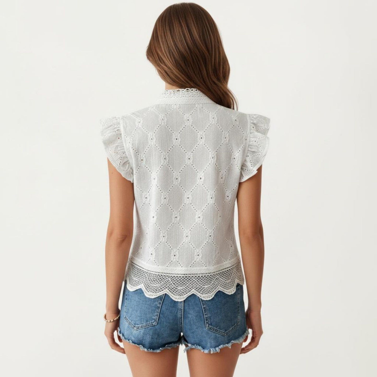Sleeveless Button Front Eyelet Top with Ruffle Shoulders and Scalloped Hem