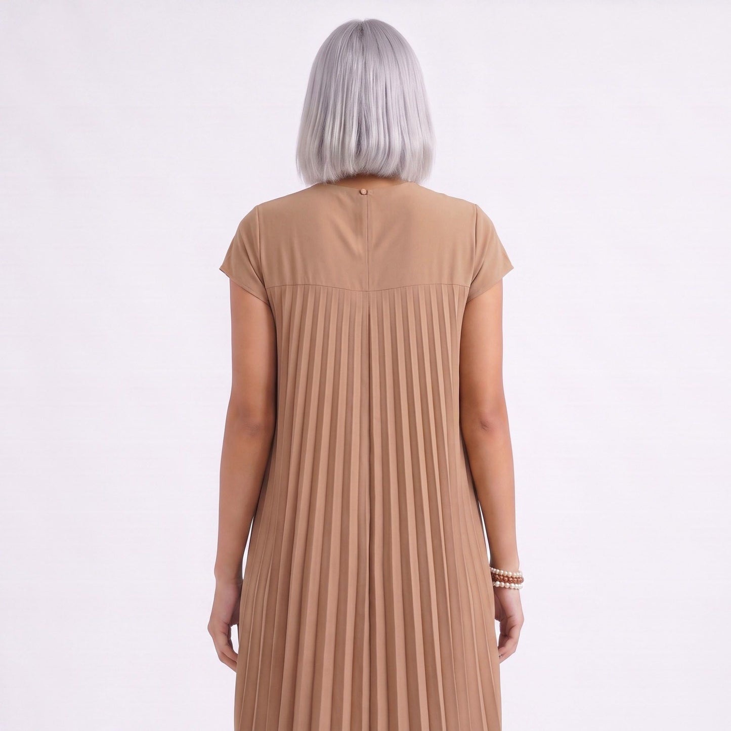 Crew Neck Short Sleeve Accordion Pleated Midi Dress