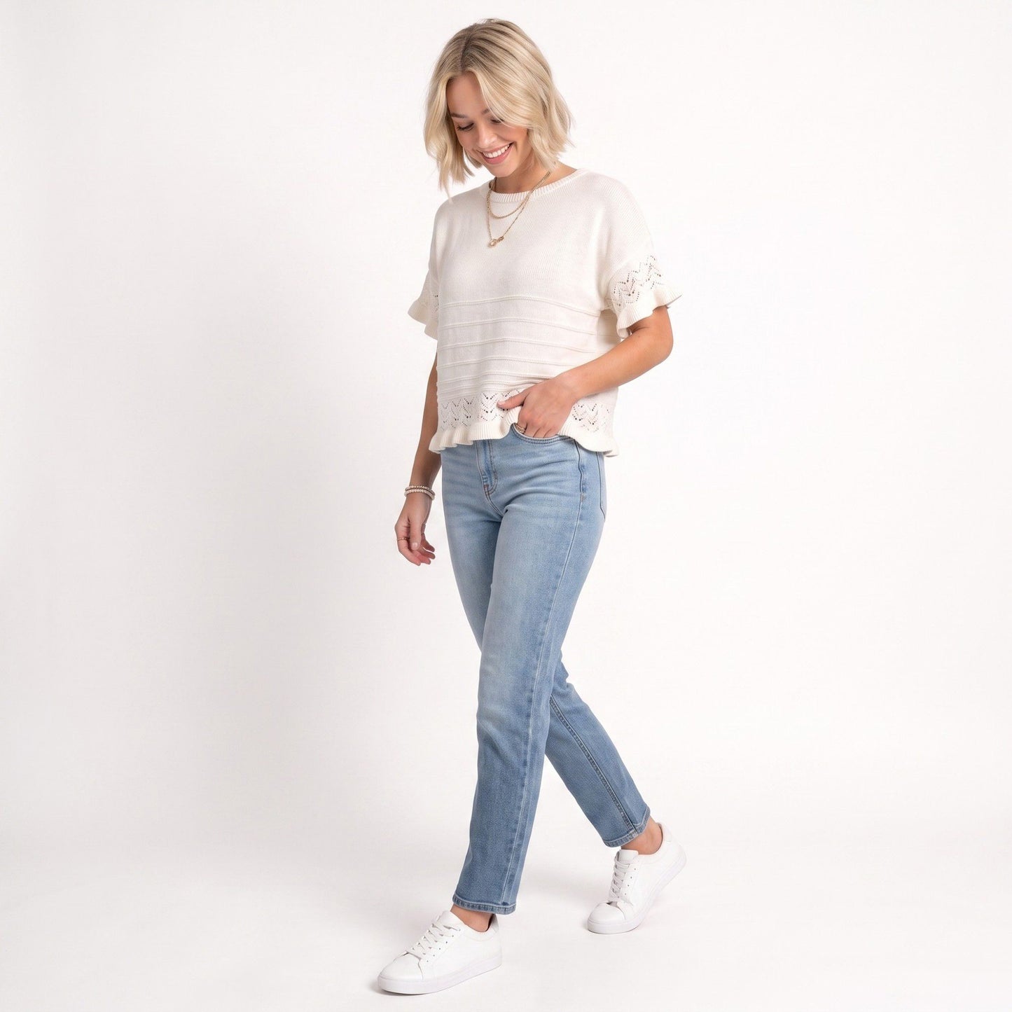 Short Sleeve Sweater Top Lace Ruffle Hem Textured Knit Blouse