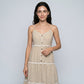 Striped Spaghetti Strap Button Front Midi Dress with Rickrack Trim Tiered Skirt and Flowy A Line Silhouette