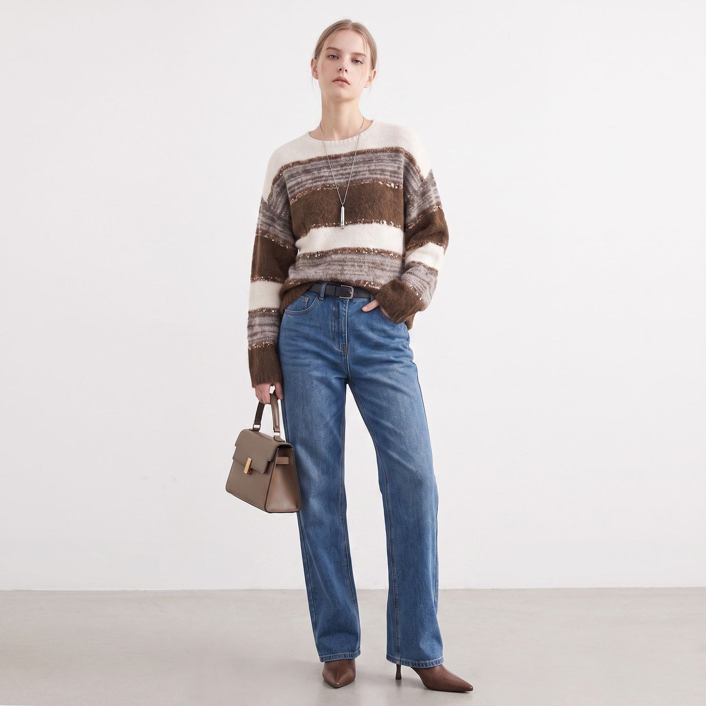 Sequin Striped Fuzzy Knit Crewneck Pullover Sweater