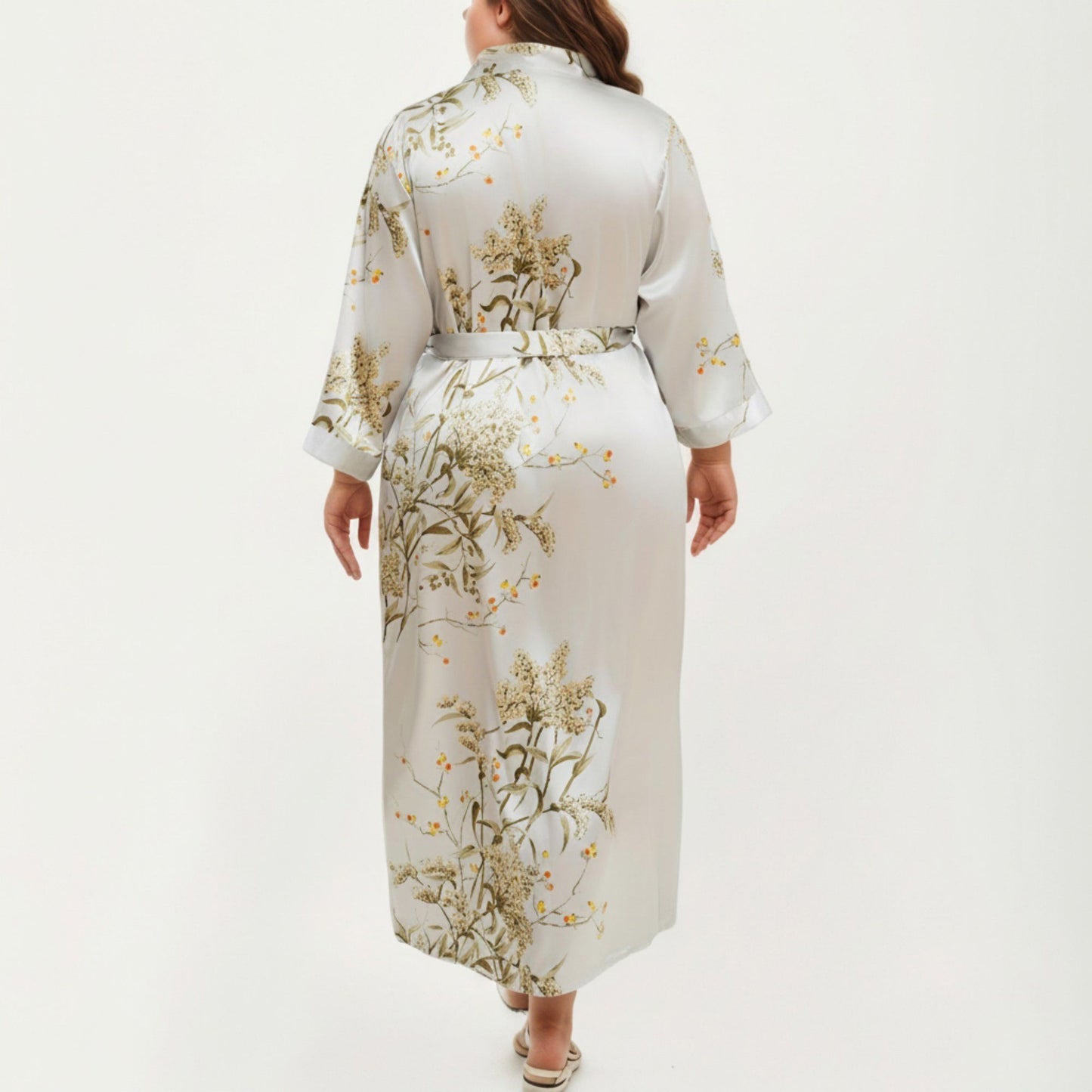 Plus Size Satin Floral Kimono Robe with Self Tie Belt Longline Open Front Lightweight Sleepwear