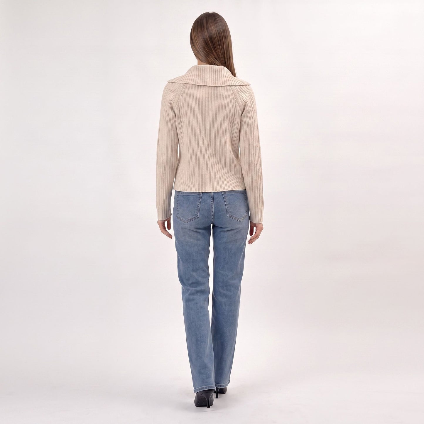 Ribbed Wide Collar Zip-Front Cardigan Sweater