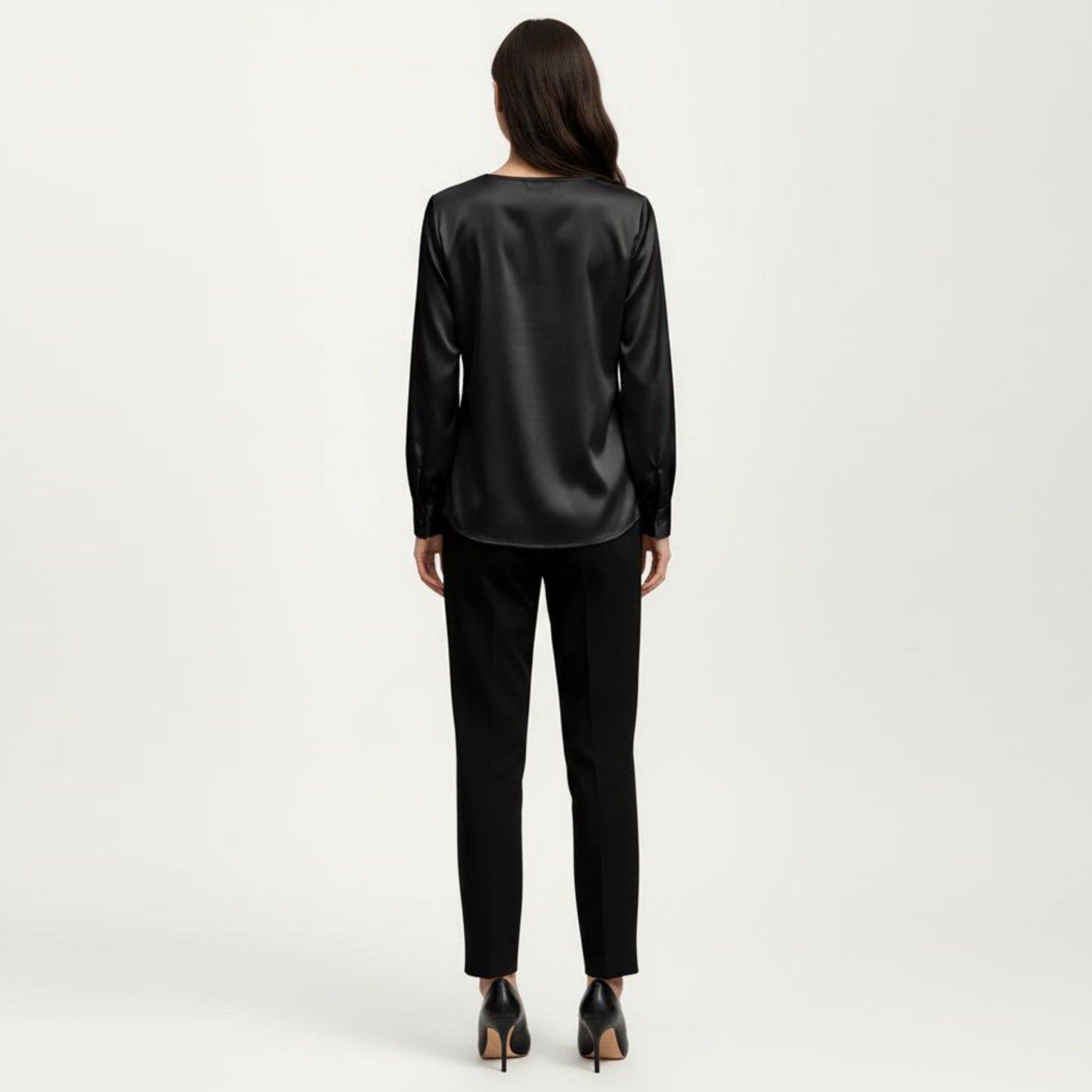 Satin V-Neck Blouse with Long Balloon Sleeves and Wide Cuffs