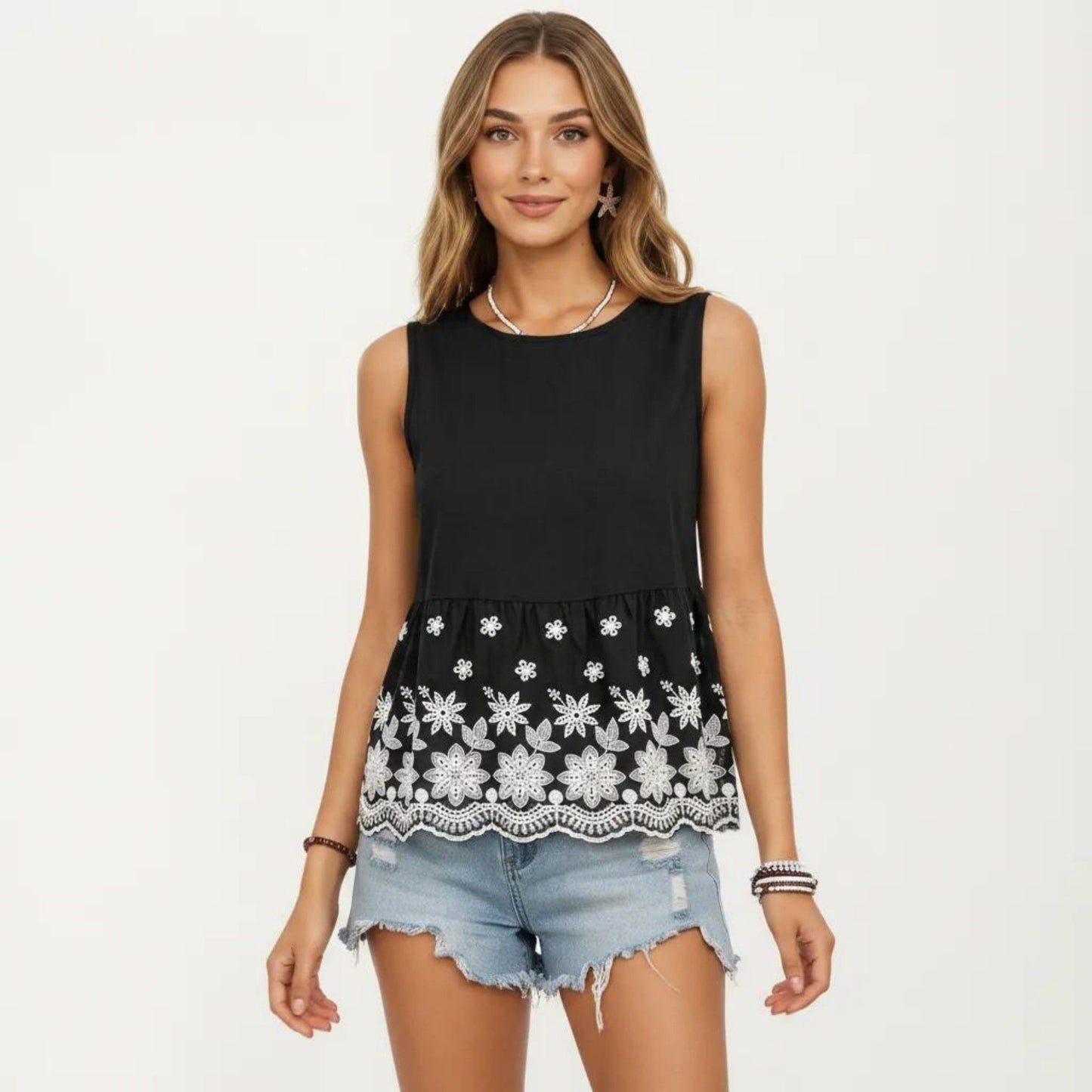 Embroidered Floral Peplum Tank Top with Back Tie