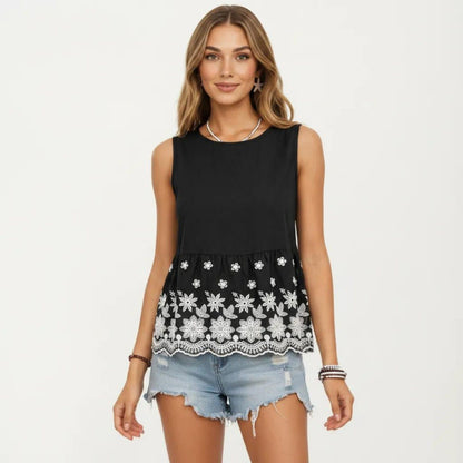 Embroidered Floral Peplum Tank Top with Back Tie