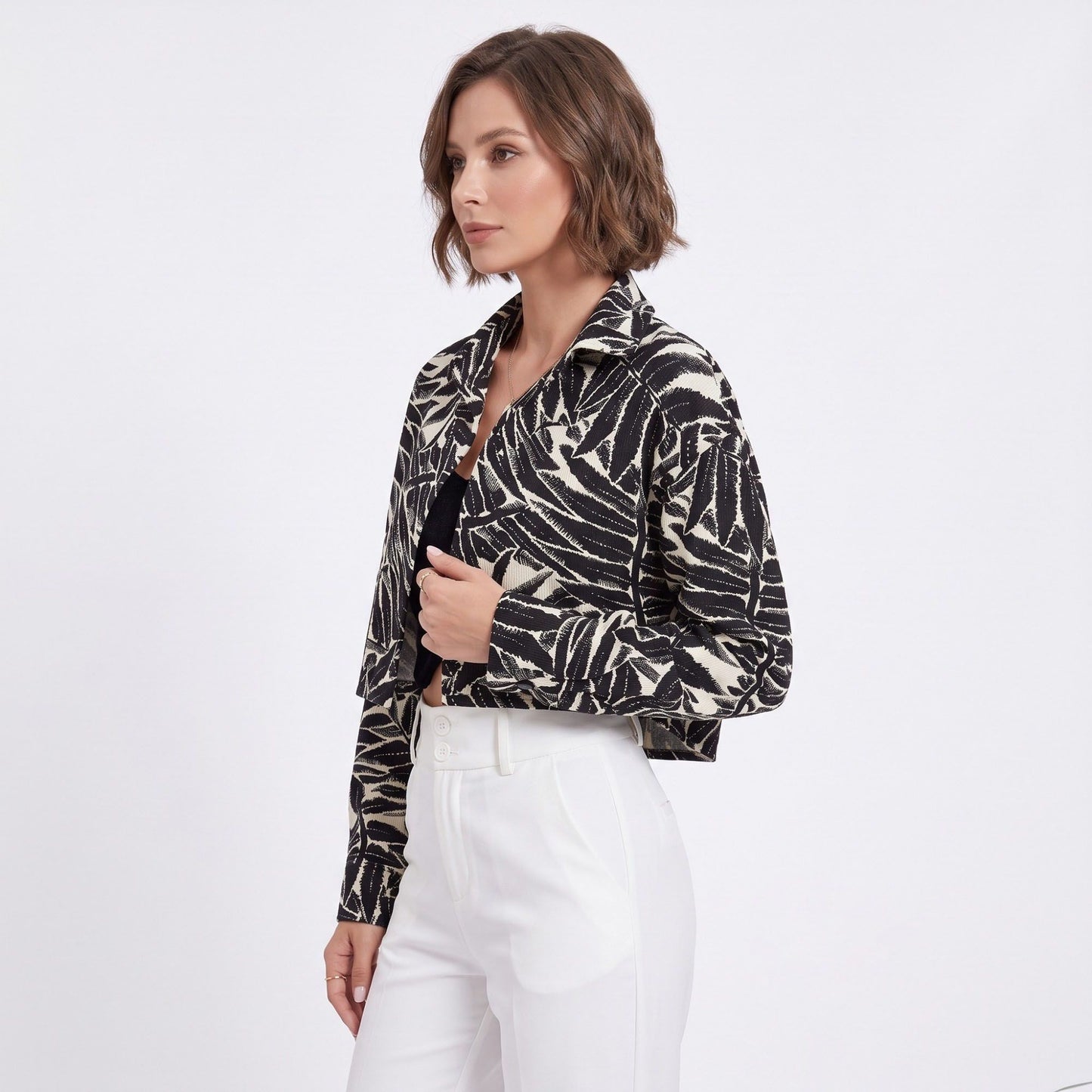 Tropical Leaf Print Cropped Jacket Long Sleeve Open Front Collared Blazer