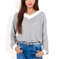 V-Neck Waffle Knit Long Sleeve Top Contrast Trim Relaxed Fit