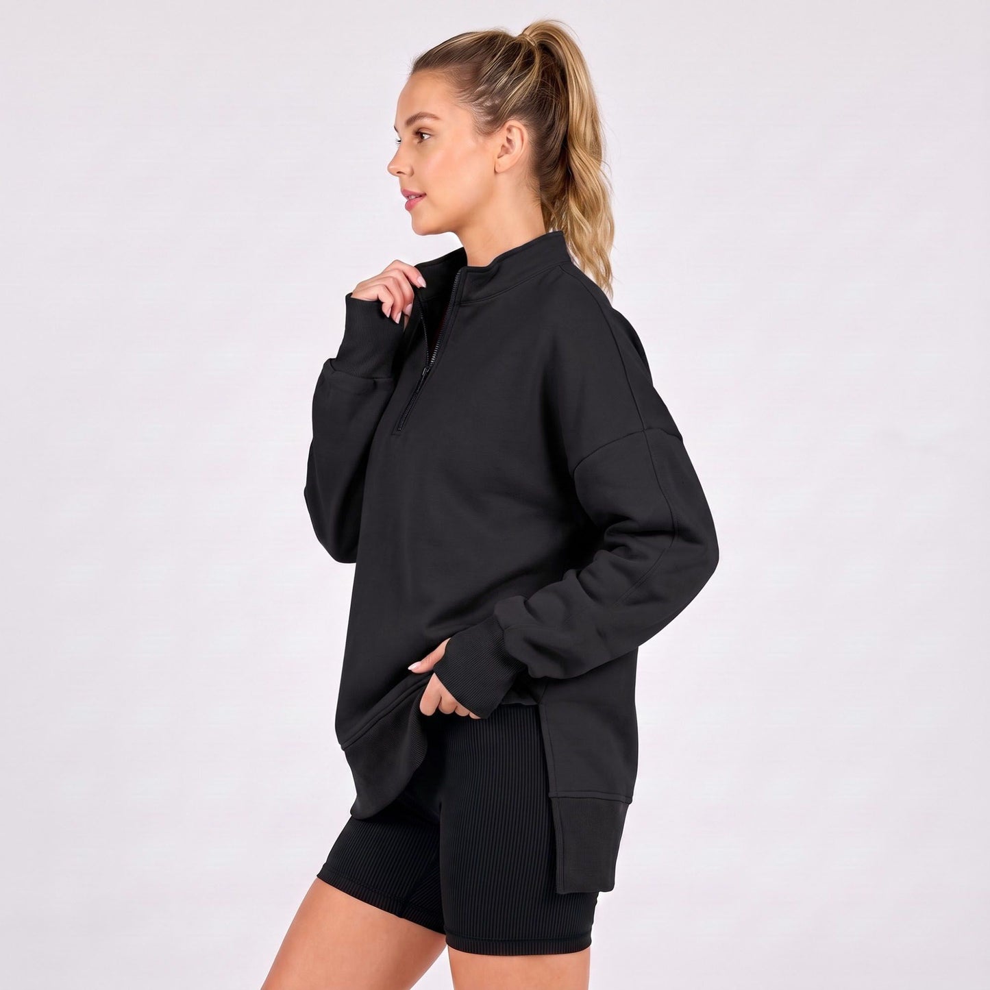 Quarter Zip Mock Neck Long Sleeve Tunic Sweatshirt with Side Slits