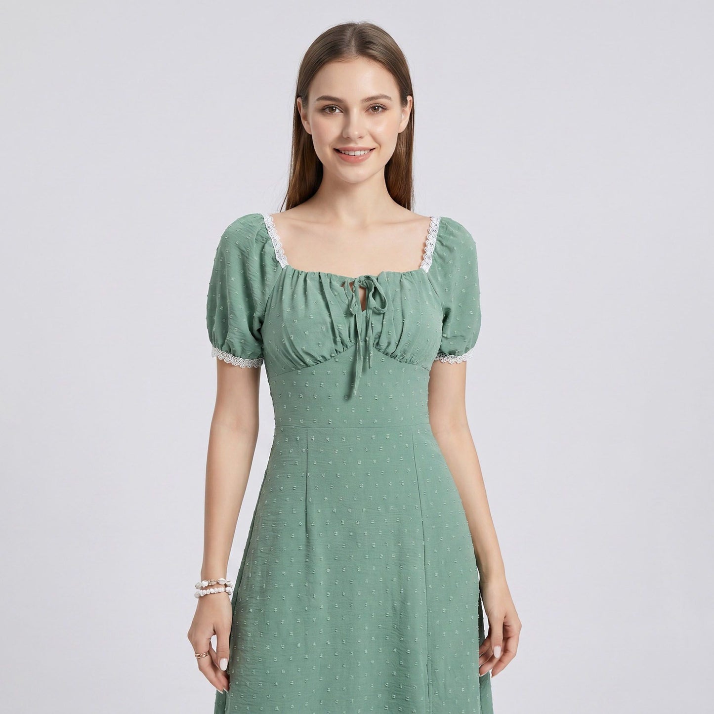 Swiss Dot Puff Sleeve Midi Dress with Lace Trim Square Neckline Tie Front Detail Front Slit and Fitted Bodice