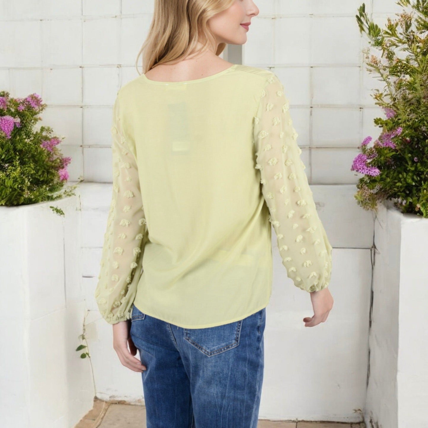 Sheer Sleeve V-Neck Blouse with Delicate Dot Embroidery