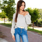 Textured Knit Sweater with Pom Pom Detailing Balloon Sleeves