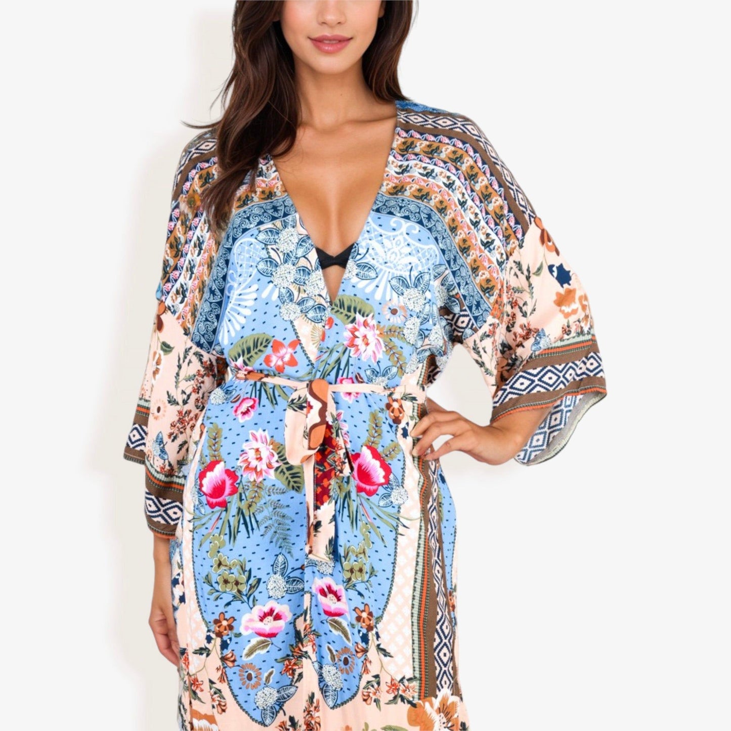 Long Bohemian DusterWith Mixed Floral Prints Wide Sleeves