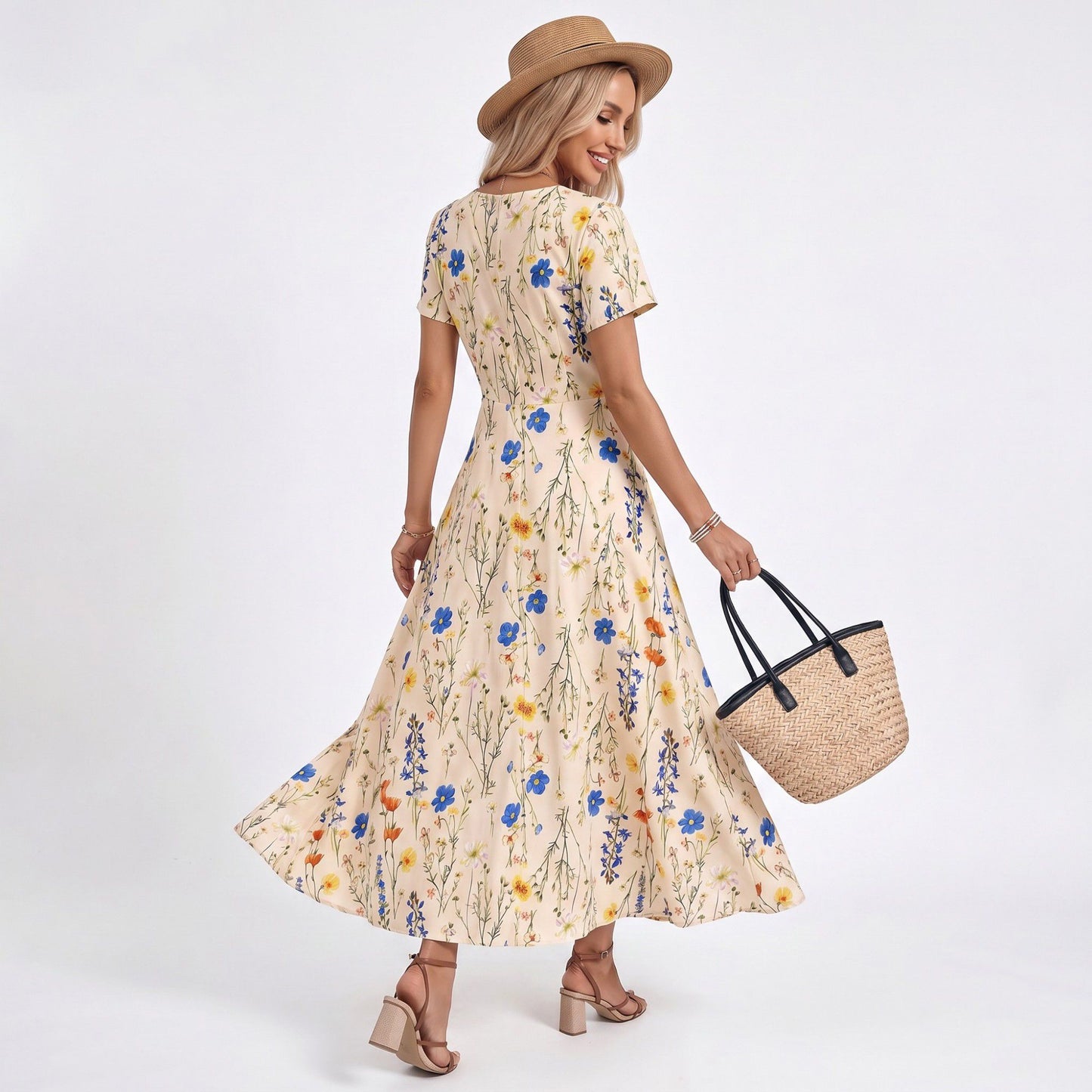 Floral Maxi Dress Square Neck Short Sleeve A Line Button Front Dress