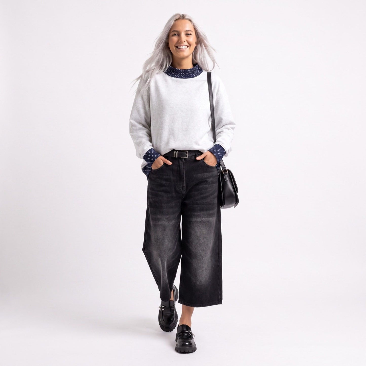 Long Sleeve Contrast Trim Sweatshirt with Polka Dot Details