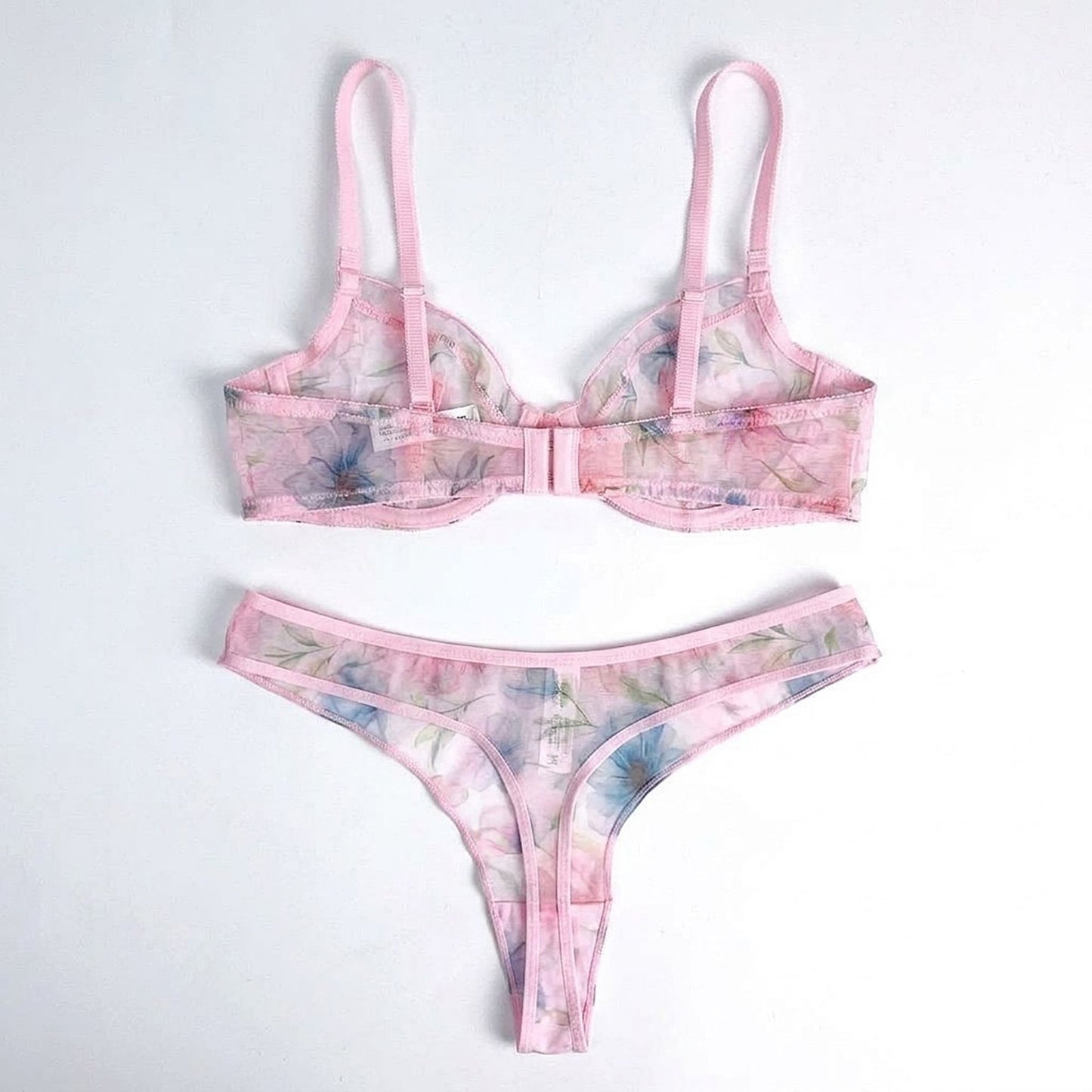 Floral Print Sheer Mesh Underwire Bra and Panty Two Piece Lingerie Set