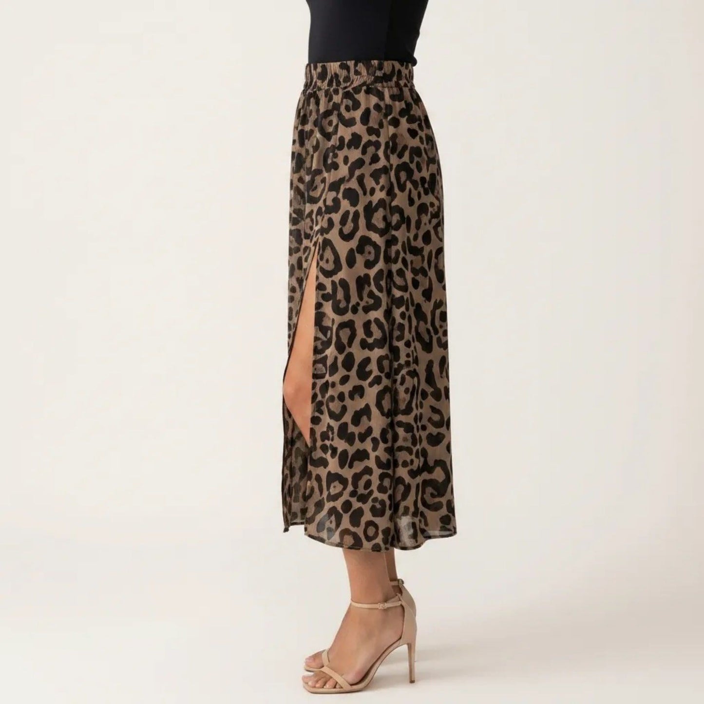 Leopard Print Midi Skirt High Waist Elastic Waist Side Slit Flowy A Line Skirt