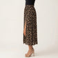 Leopard Print Midi Skirt High Waist Elastic Waist Side Slit Flowy A Line Skirt