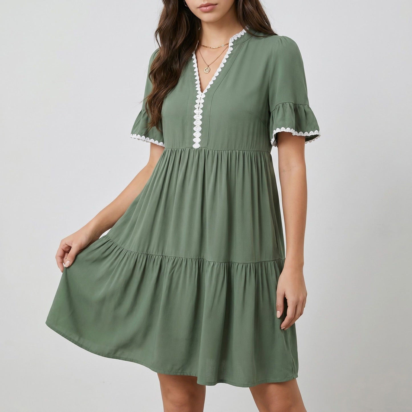 Lace Trim V-Neck Flutter Sleeve Tiered Mini Dress with Gathered Waist and Flowy Relaxed Silhouette