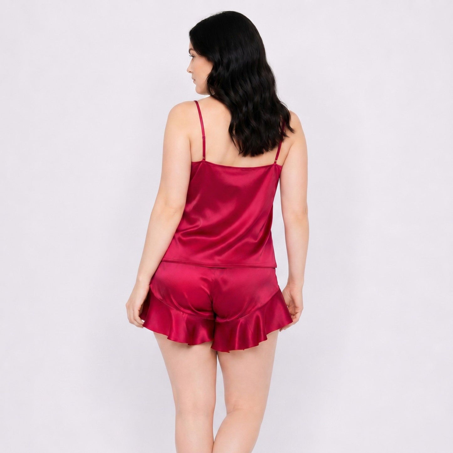 Plus Size 2-Piece Satin-Like Cami Top and Ruffle Shorts Pajama Lounge Set with Slim Straps