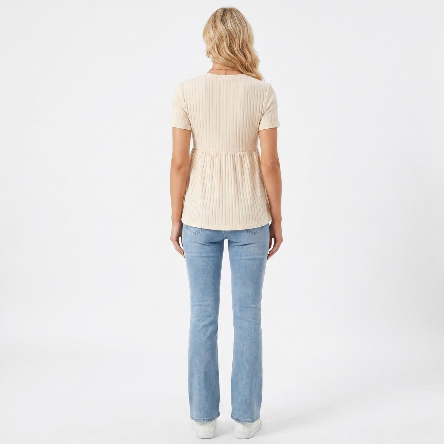 Short Sleeve Rib Knit Peplum Maternity Top with Round Neck