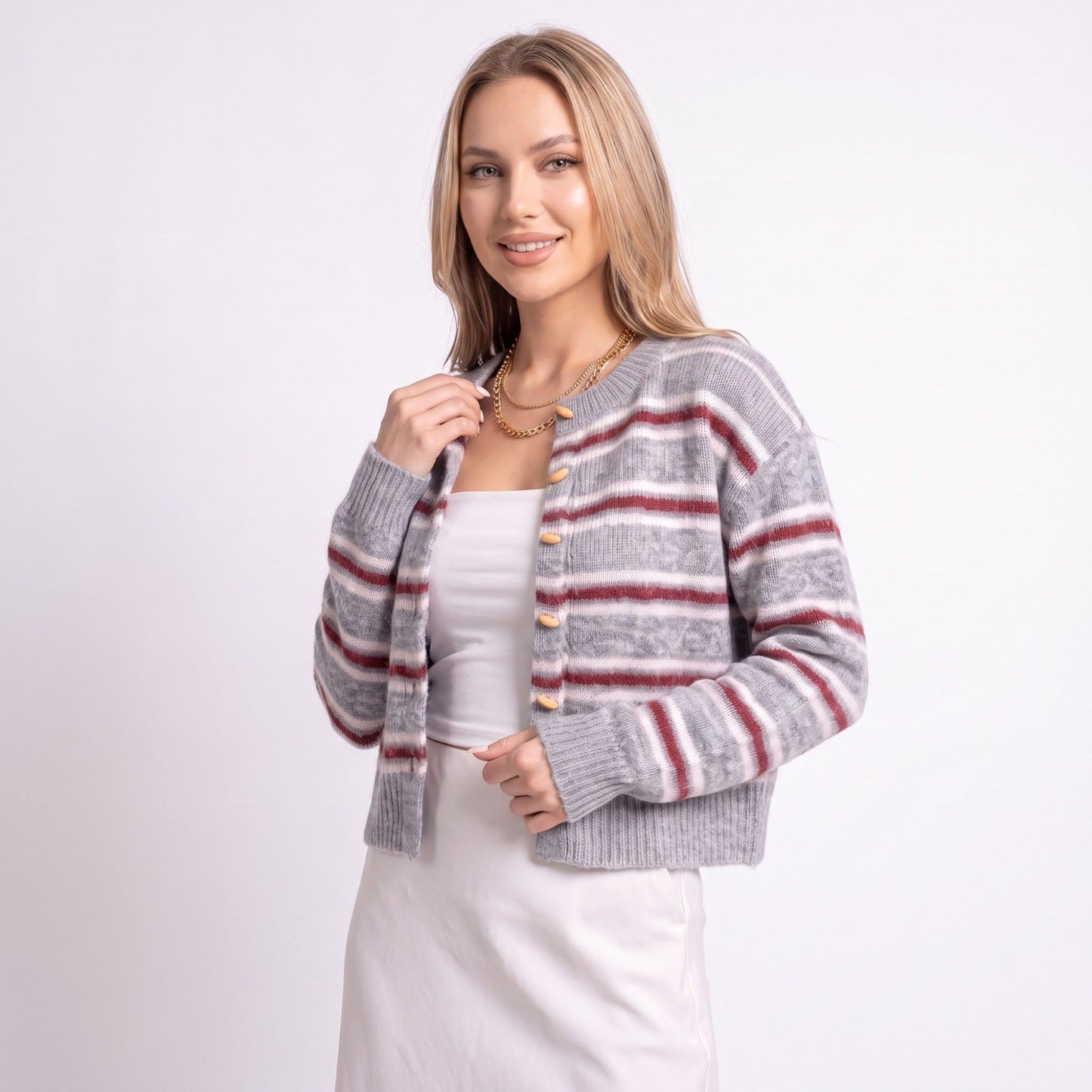 Striped Crewneck Button-Front Cardigan Sweater