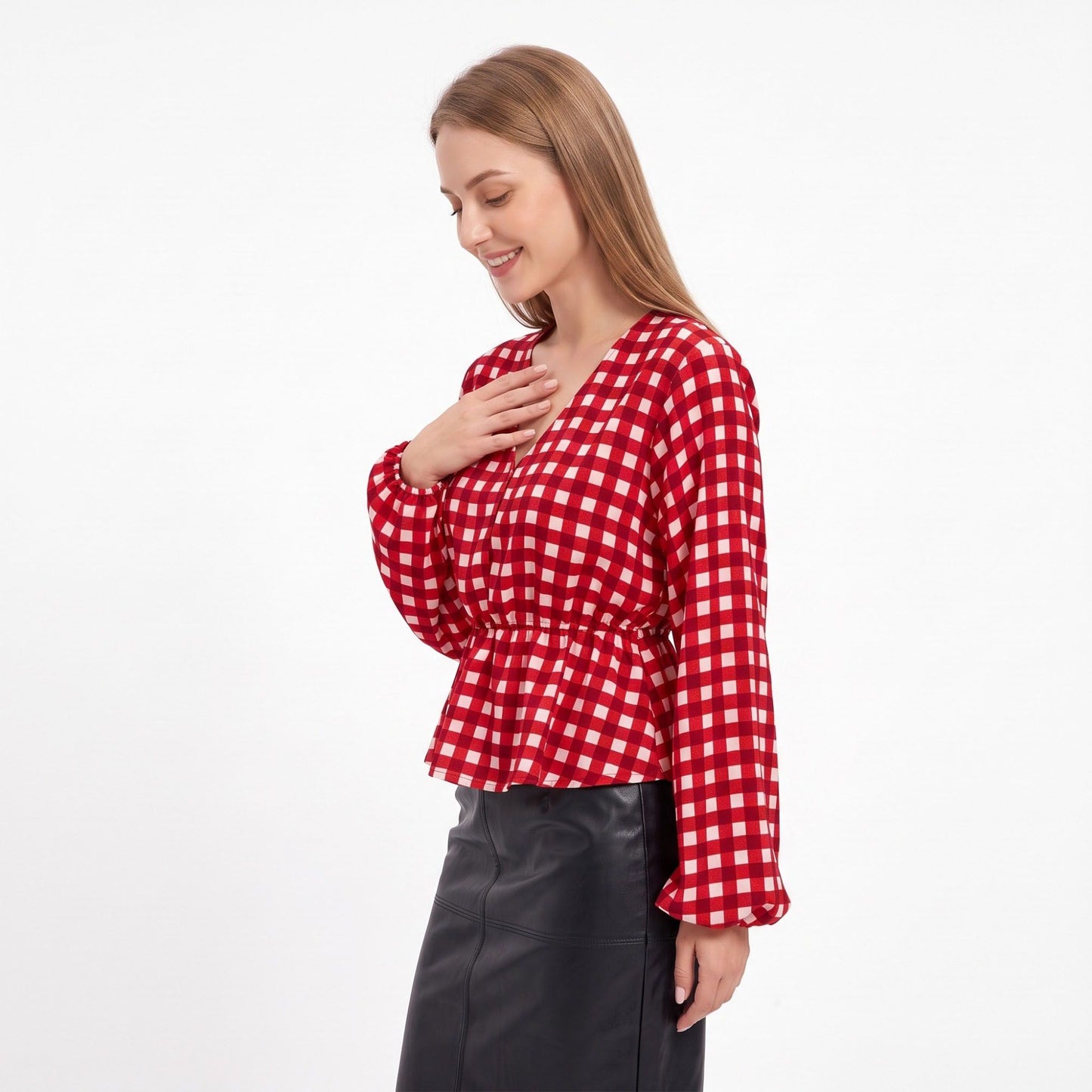 Checkered Peplum Blouse V Neck Long Sleeve Casual Top