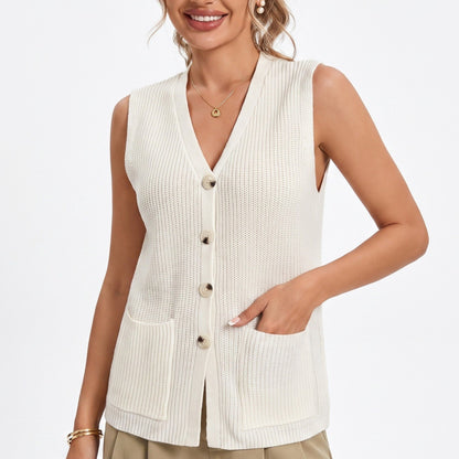 Button Front Sweater Vest V Neck Sleeveless Knit Pocket Top