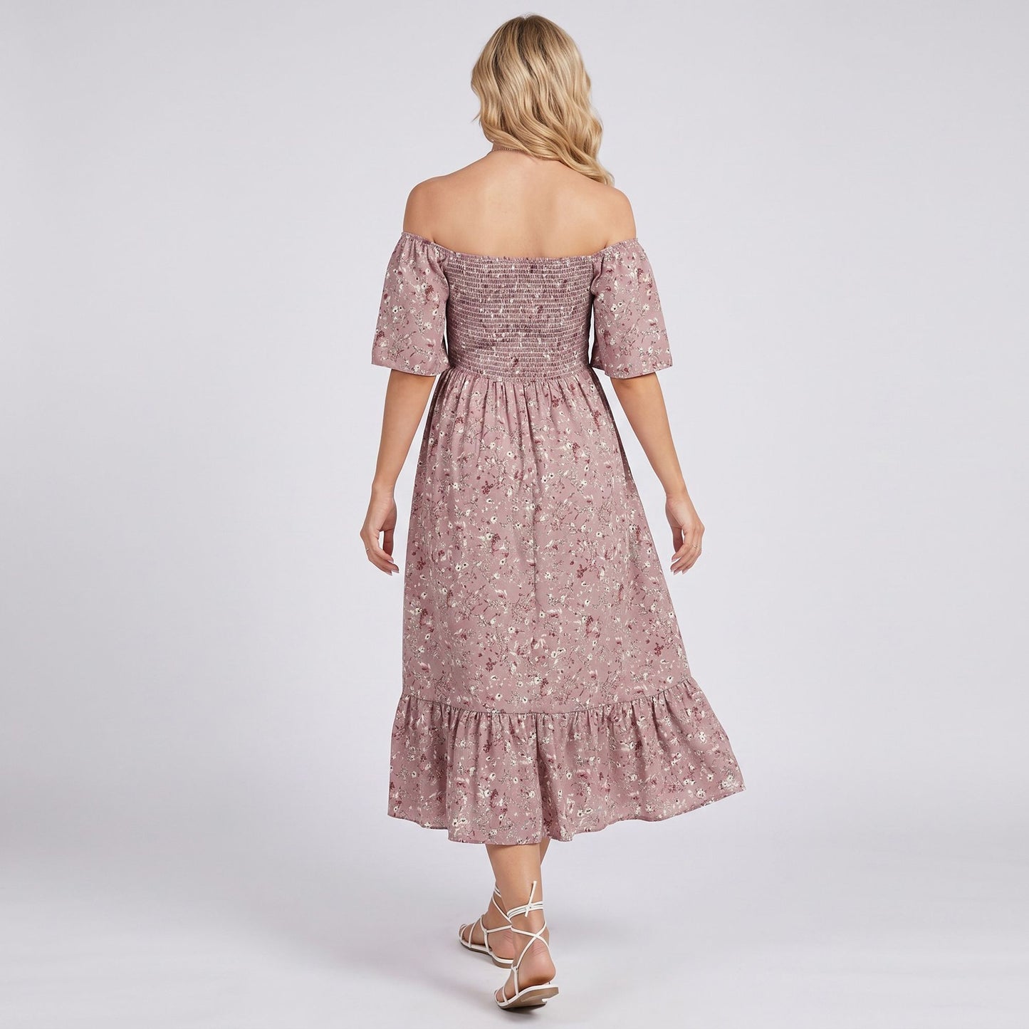 Maternity Floral Square Neck Midi Dress with Short Sleeves and Ruffle Hem