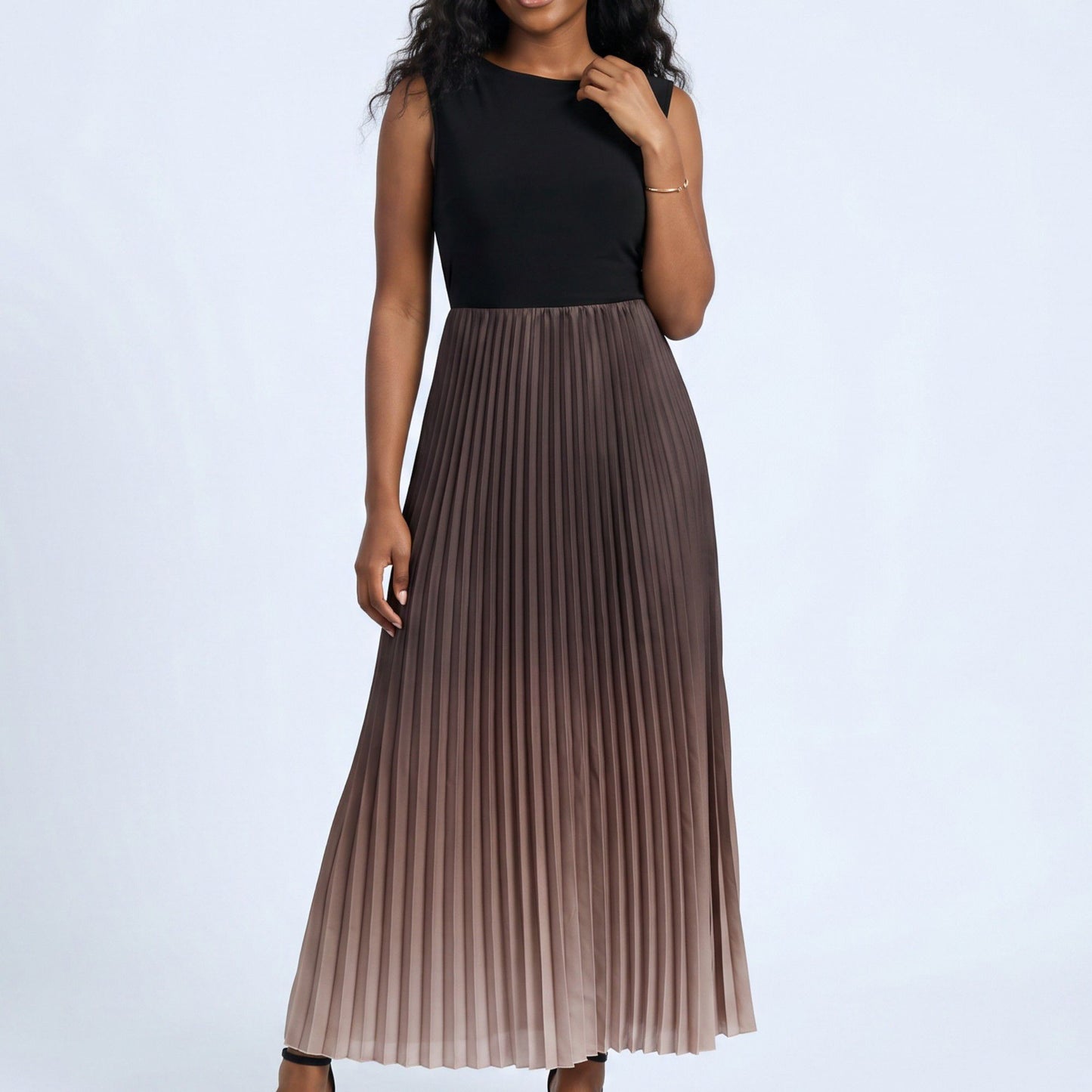 Sleeveless High Neck Pleated Ombre A-Line Maxi Dress with Flowy Skirt