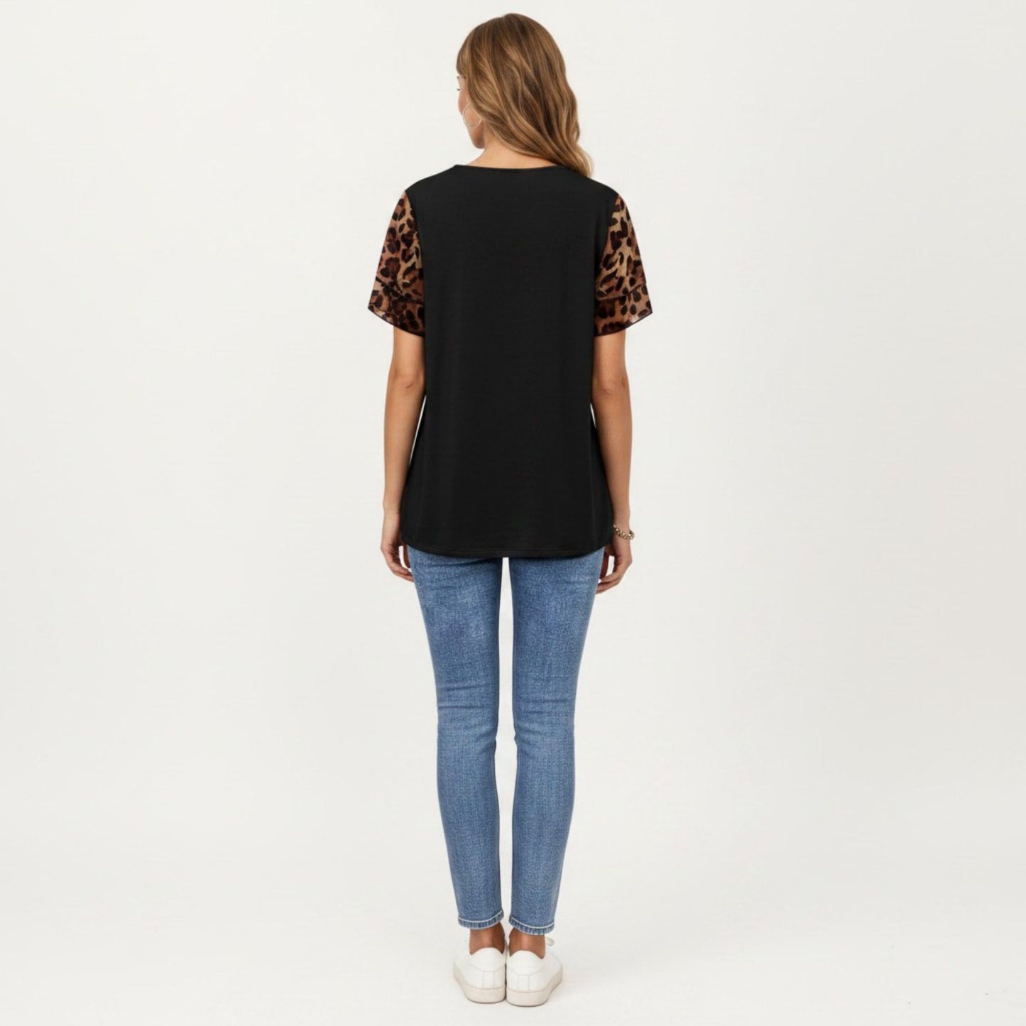 Short Sleeve Top with Leopard Print Mesh Sleeves Round Neck Relaxed Fit Casual Shirt