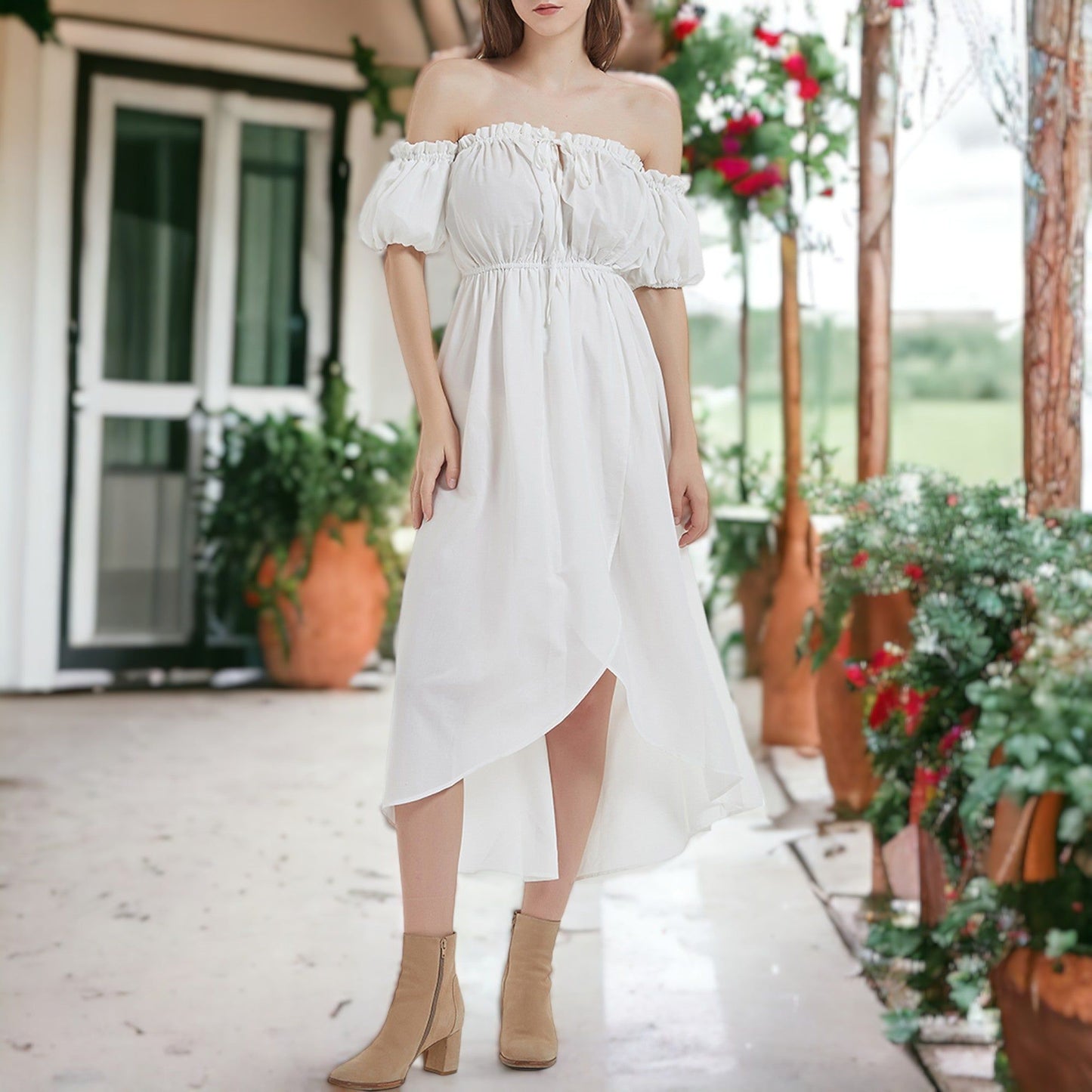 Casual Boho Lantern Sleeve Off Shoulder Fairy Midi Dress