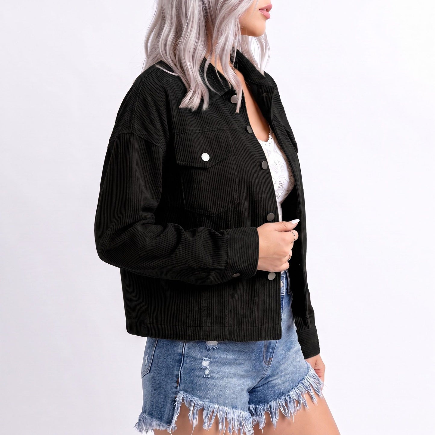 Cropped Button Front Shirt Jacket with Patch Pockets