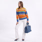 Multicolor Wave Stripe Openwork Knit Long Sleeve Pullover Sweater