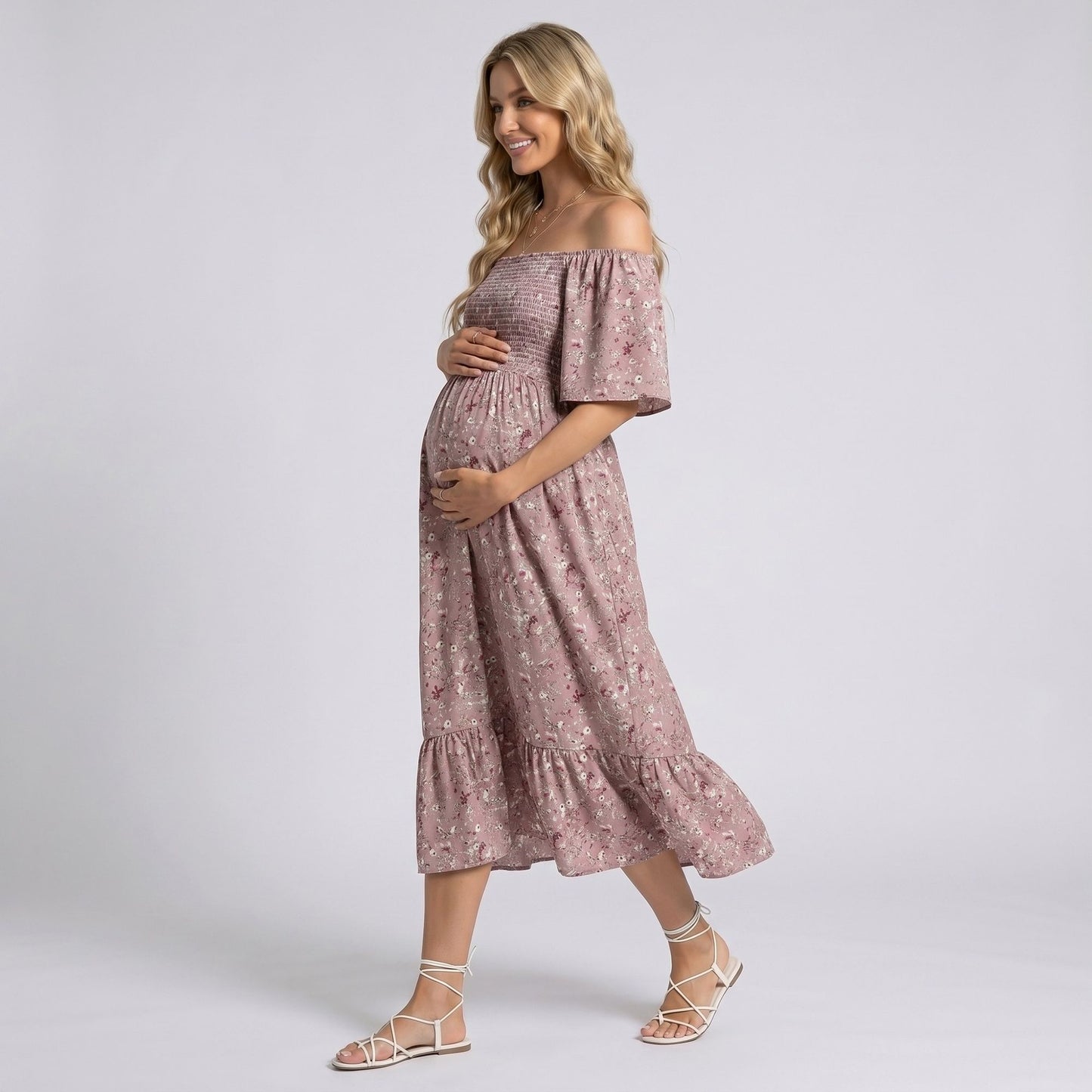 Maternity Floral Square Neck Midi Dress with Short Sleeves and Ruffle Hem