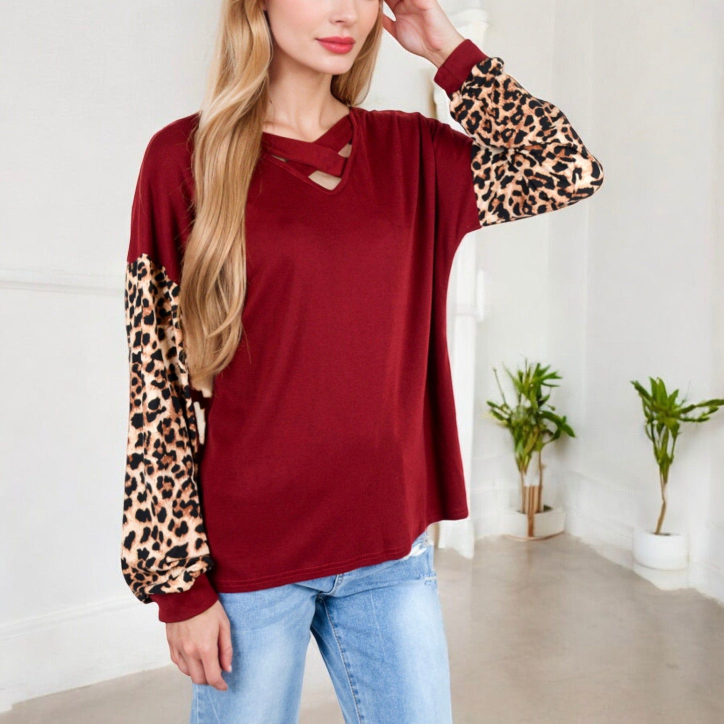 Crisscross V-Neck Top with Leopard Print Sleeves