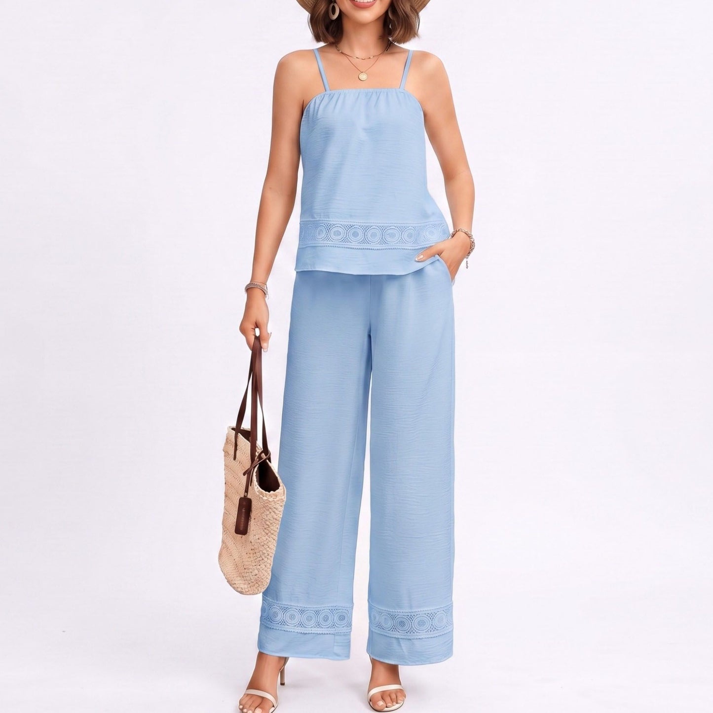 Sleeveless Button Front Jumpsuit with Crochet Lace Back