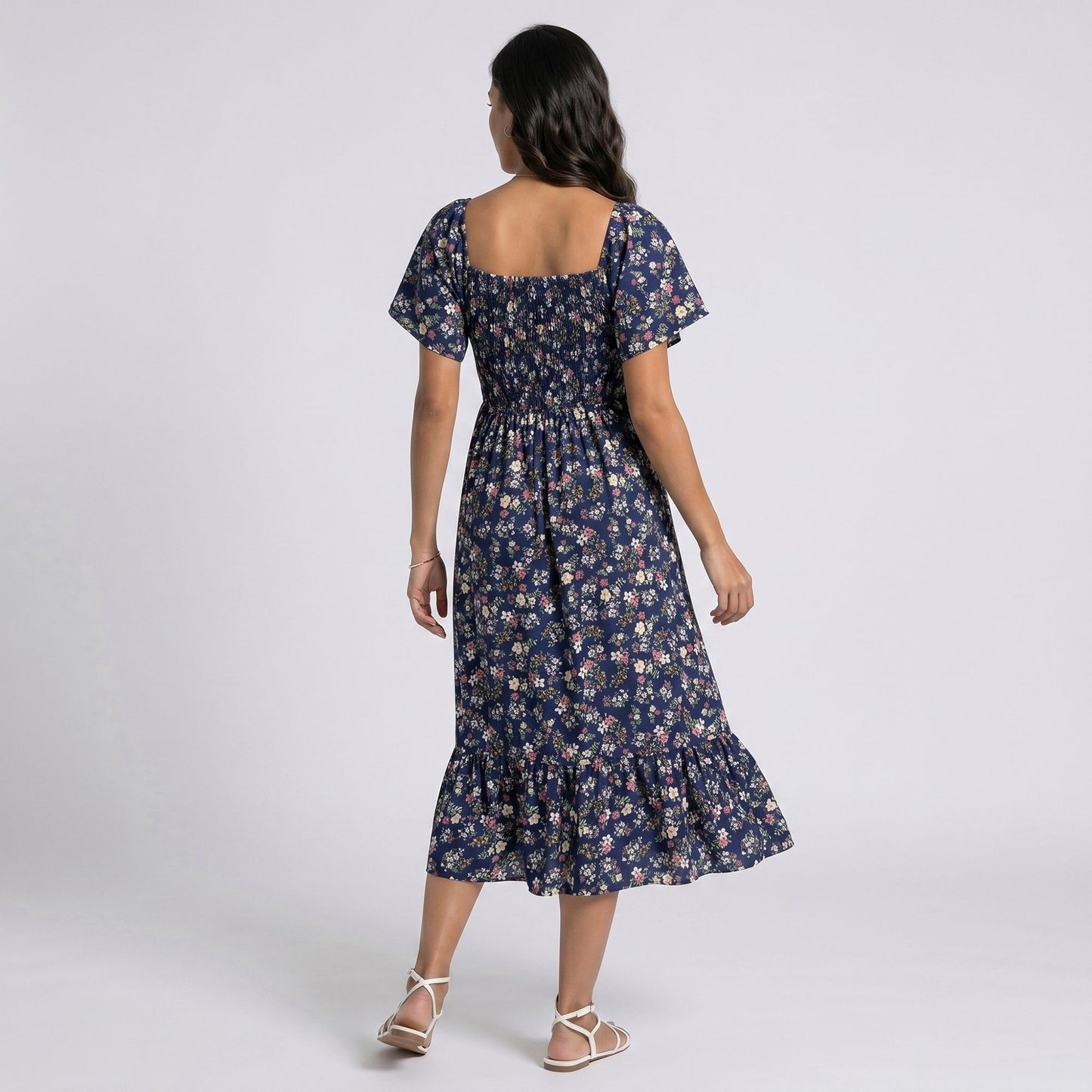 Maternity Floral Square Neck Midi Dress with Short Sleeves and Ruffle Hem