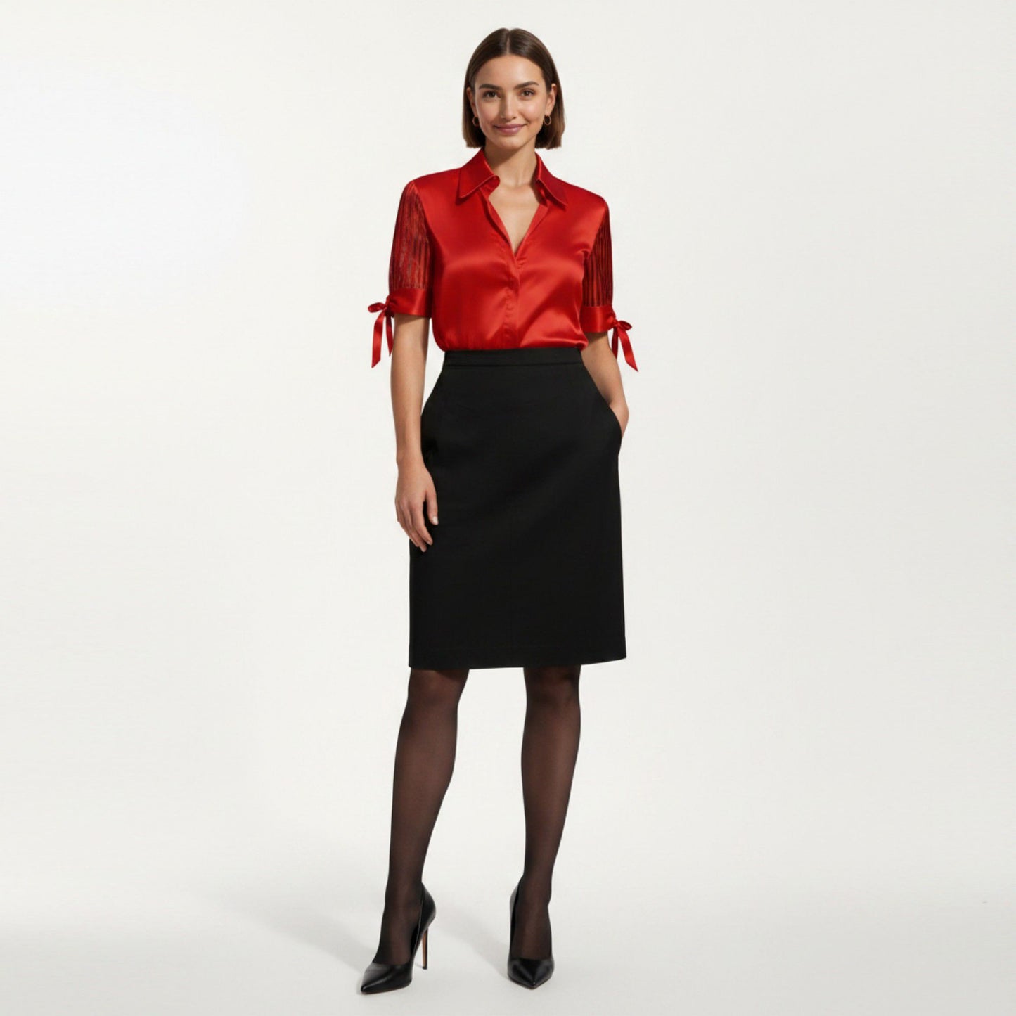 Satin Collared Blouse with Sheer Stripe Sleeves and Bow Tie Cuffs