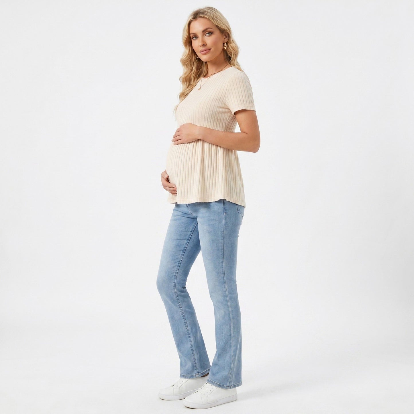 Short Sleeve Rib Knit Peplum Maternity Top with Round Neck