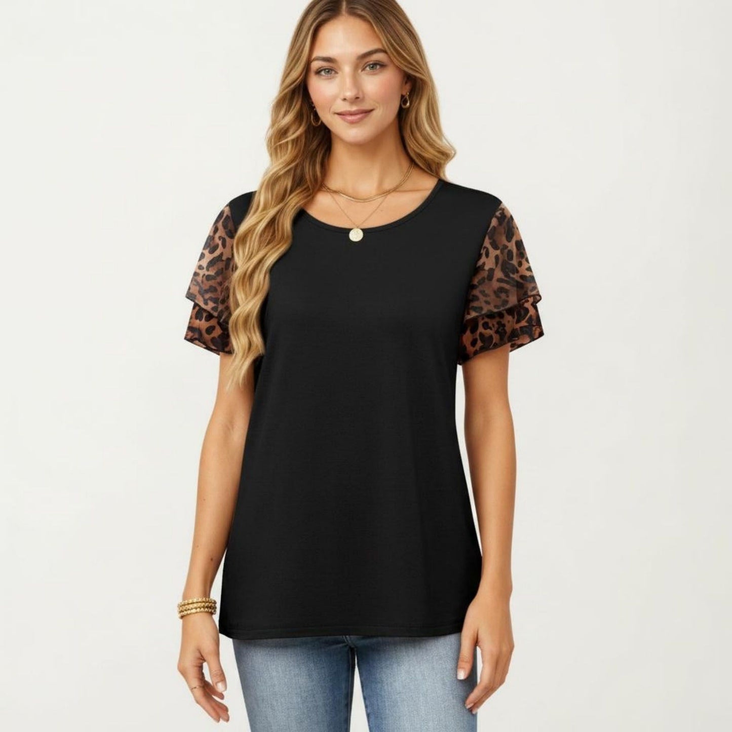 Short Sleeve Top with Leopard Print Mesh Sleeves Round Neck Relaxed Fit Casual Shirt
