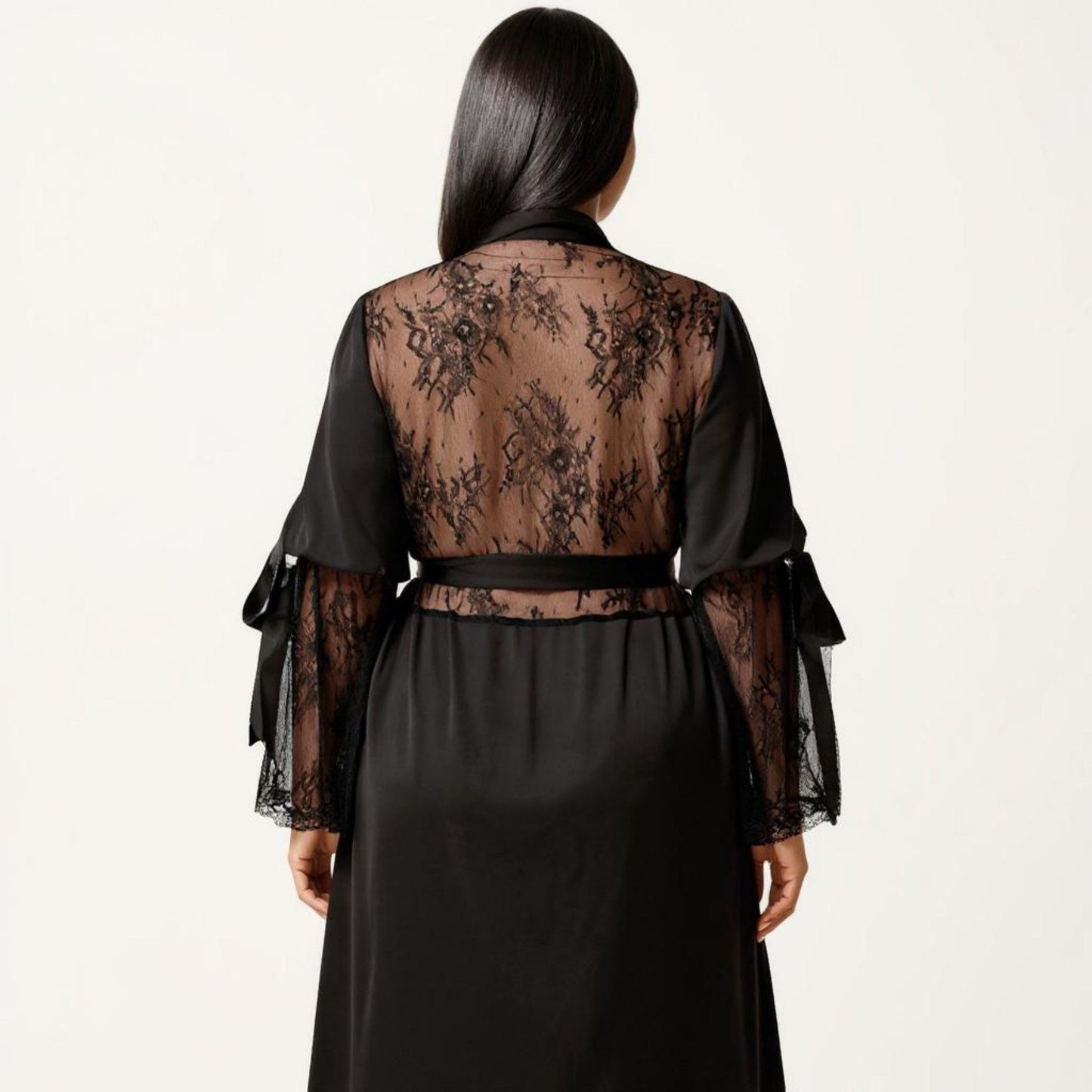 Plus Size Long Satin Robe Lace Sleeve Wrap Nightgown Belted Kimono Sleepwear